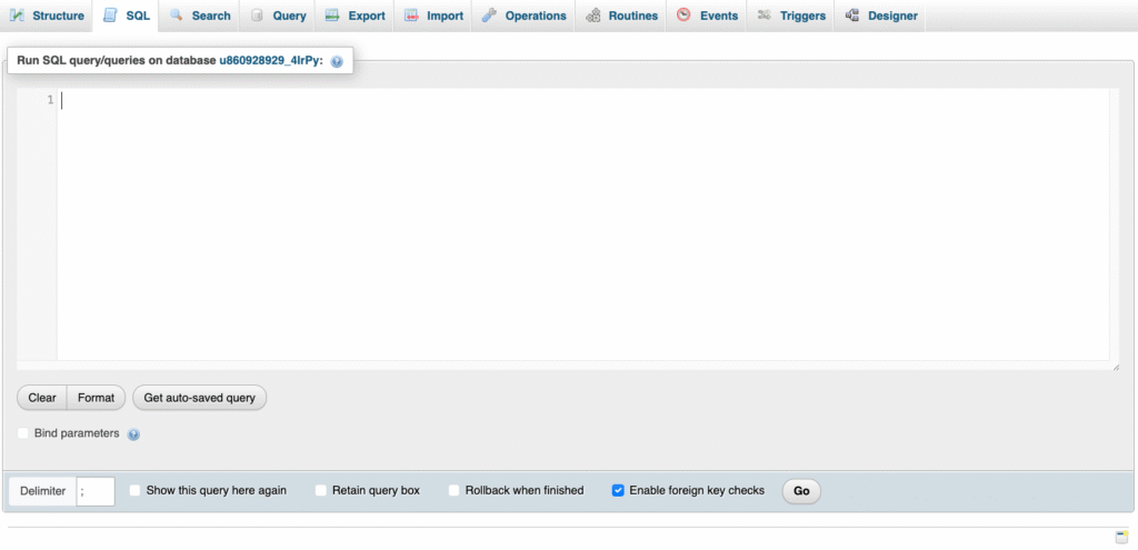 Onglet SQL dans phpMyAdmin