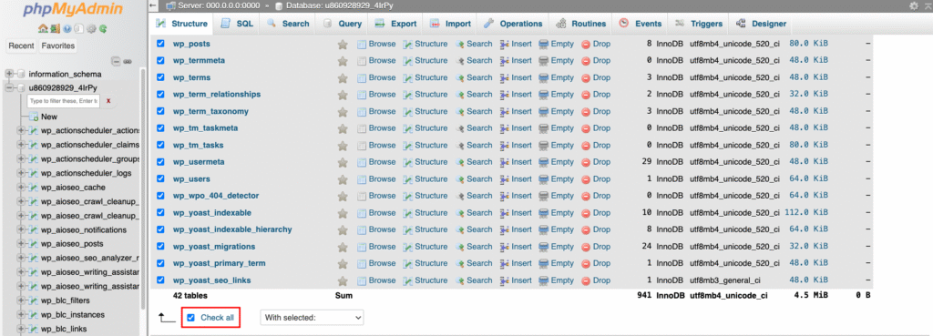 Onglet Structure de phpMyAdmin, avec le bouton permettant de sélectionner toutes les tables mis en évidence