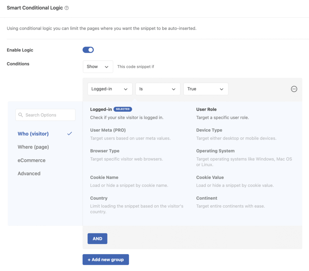 Paramètres de logique conditionnelle de WPCode avec la règle relative aux utilisateurs connectés sélectionnée