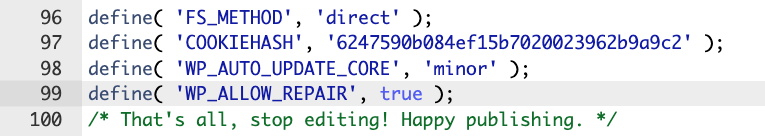 Extrait de code dans le fichier wp-config.php
4.
