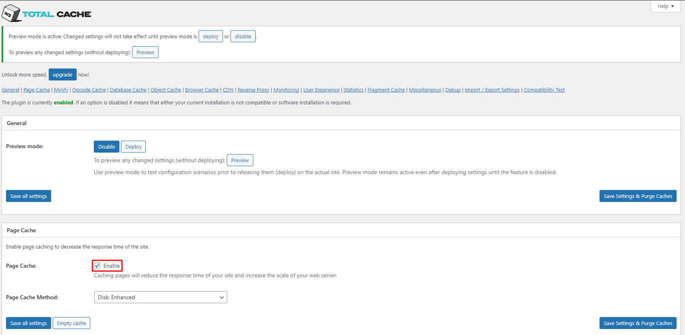 Case Enable permettant d’activer une option dans les paramètres de W3 Total Cache.