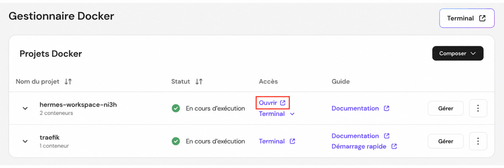 hpanel-vps-docker-manager-hermes-workspace-open-link-highlighted Liste des projets du Gestionnaire Docker affichant le lien « Ouvrir » pour hermes-workspace