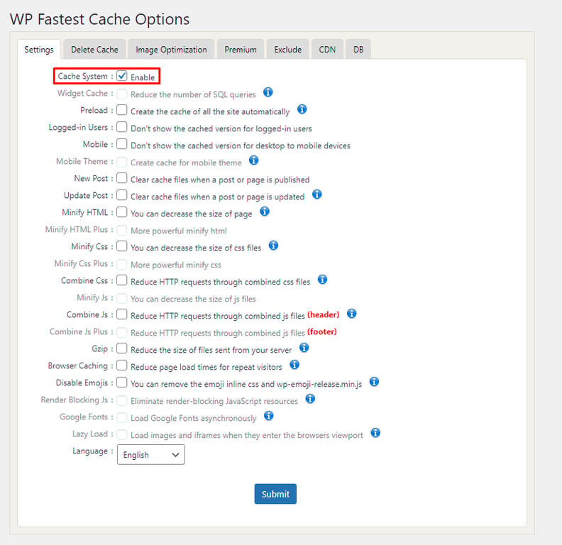 Page des options de WP Fastest Cache montrant où activer le système de cache dans les paramètres WordPress.