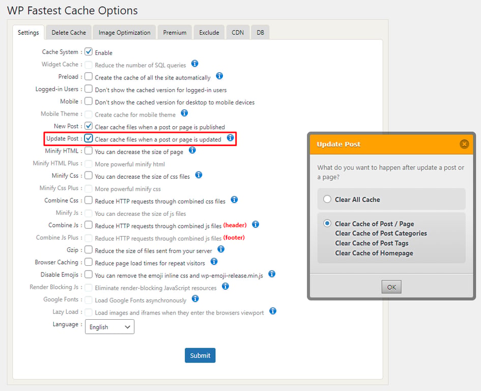 Paramètres de WP Fastest Cache montrant la case Update Post permettant de vider le cache après la modification d’un article WordPress.