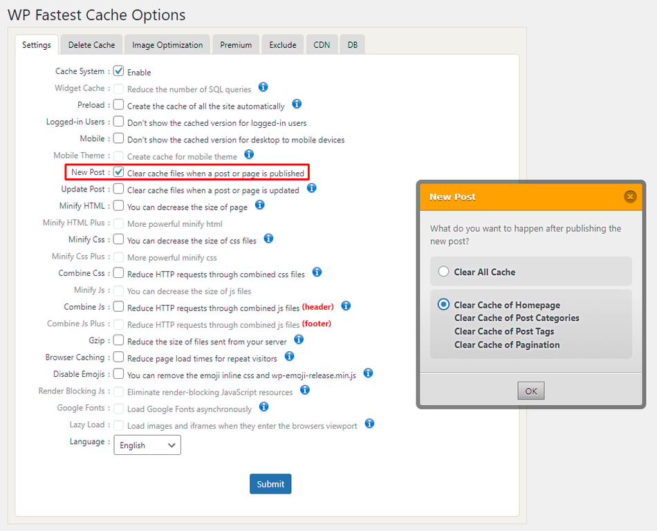 Paramètres de WP Fastest Cache montrant la case New Post à cocher pour vider automatiquement le cache lors de la publication d’un article WordPress.
