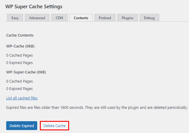 Onglet Contents des paramètres de WP Super Cache avec le bouton permettant de vider le cache WordPress.