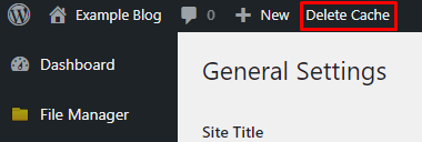 Bouton Delete Cache dans la barre d’outils WordPress.