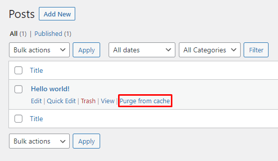 Bouton permettant de vider le cache d’un article dans le menu Articles de WordPress.