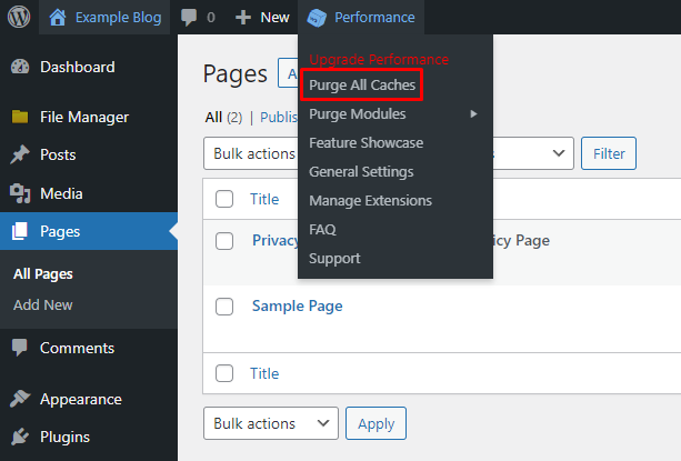 Tableau de bord WordPress montrant le menu Performance et l’option permettant de vider tous les caches avec W3 Total Cache.