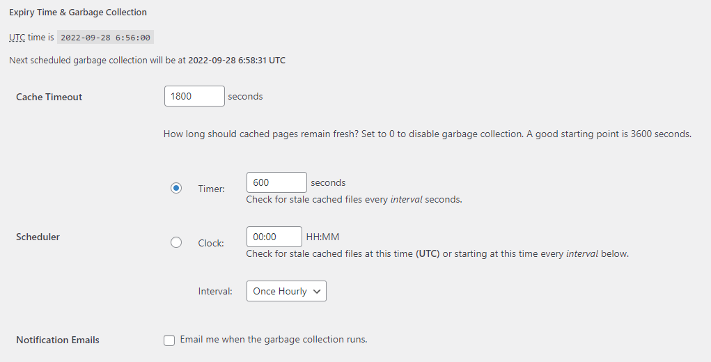 Paramètres du délai d’expiration et du nettoyage du cache dans WP Super Cache.