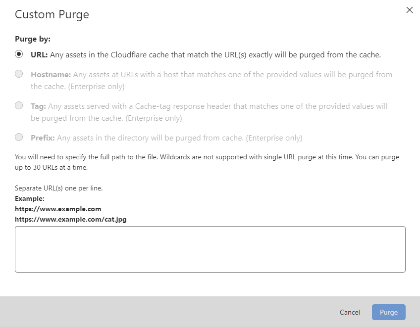 Option Custom Purge permettant de vider le cache de pages ou de fichiers spécifiques dans Cloudflare.