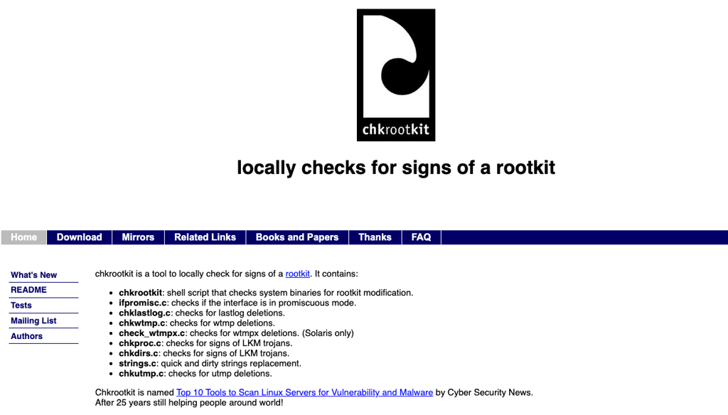 Page d’accueil de Chkrootkit