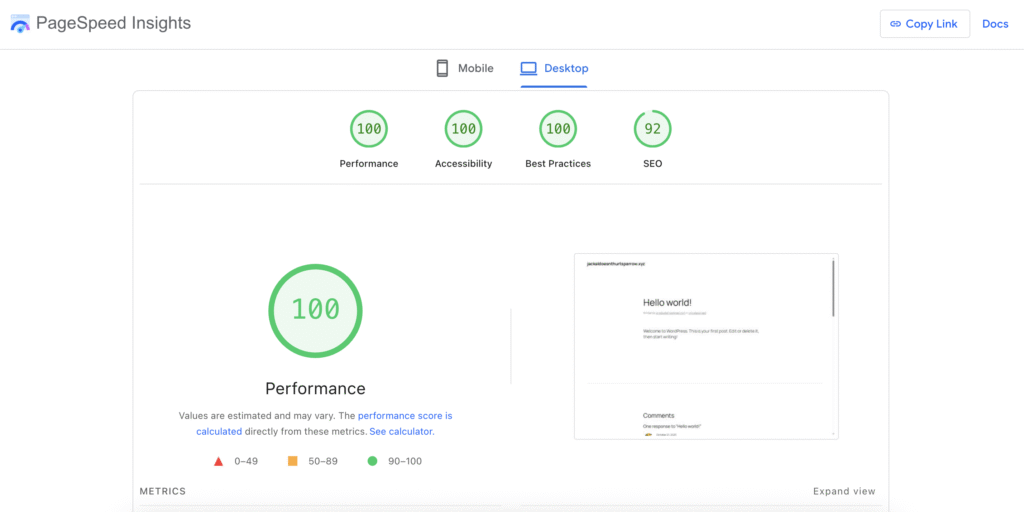 Résultats d'un test de vitesse Google PageSpeed Insights effectué sur une page simple créée avec Gutenberg de WordPress