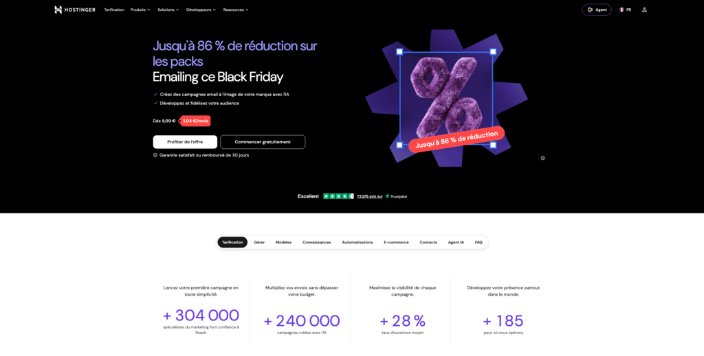 Page de présentation de l’outil d’email marketing Hostinger Reach