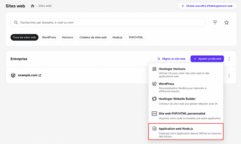 hpanel-websites-node-js-web-app-highlighted L’option Application web Node.js dans le menu Sites web de hPanel