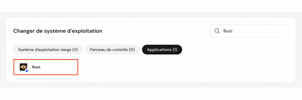 hpanel-change-os-buzz-highlighted Section Changer de système d’exploitation de hPanel affichant l’onglet Applications et le template Buzz sélectionné