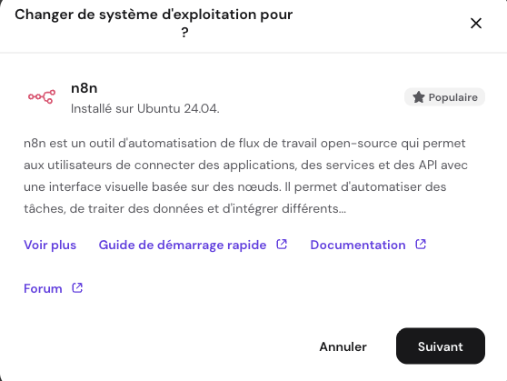 Sélection du template de système d'exploitation n8n on Ubuntu 24.04 dans hPanel.