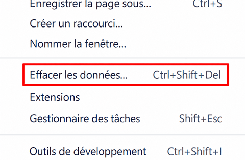 Menu à trois points de Google Chrome permettant d’accéder à l’option Effacer les données de navigation.