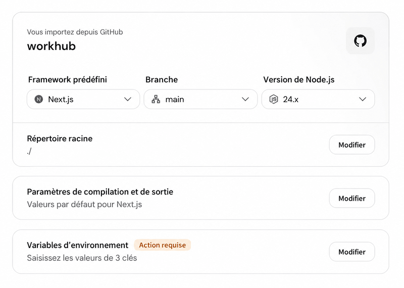La fenêtre de configuration des variables d’environnement dans le tableau de bord Hostinger, avec trois clés détectées automatiquement et des champs de valeur vides