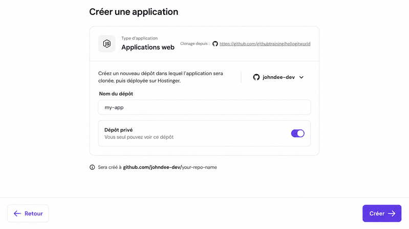 La fenêtre de création d’une nouvelle application dans hPanel