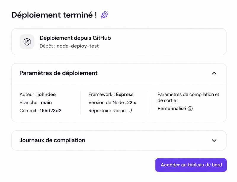 La fenêtre de confirmation du déploiement d’une application web Node.js dans hPanel