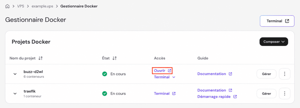 hpanel-docker-manager-buzz-open-highlighted Page du Gestionnaire Docker dans hPanel affichant le statut du projet Buzz et son lien d’accès