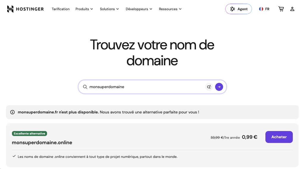 Page de recherche de noms de domaine Hostinger affichant une recherche pour « your awesome business »