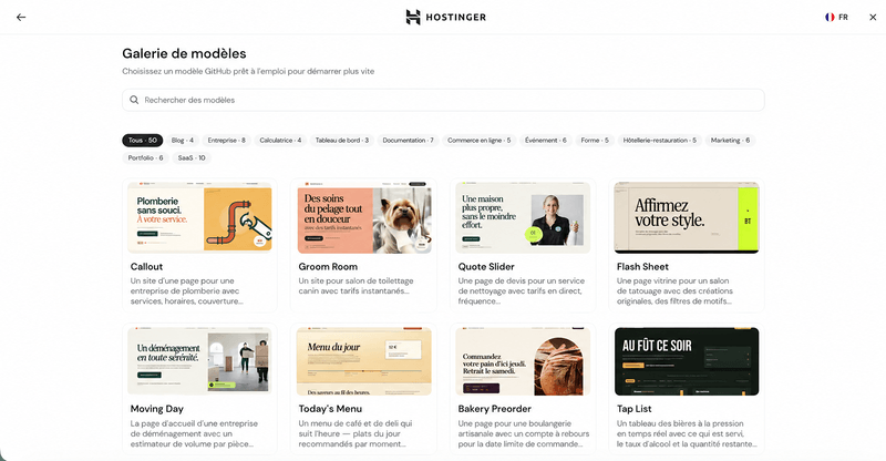 Les templates Node.js disponibles chez Hostinger