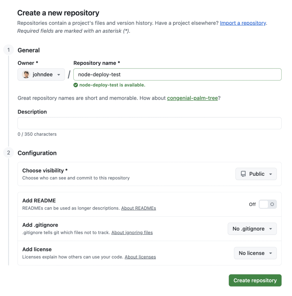 github-create-a-new-repository Le menu de création d’un dépôt sur GitHub
