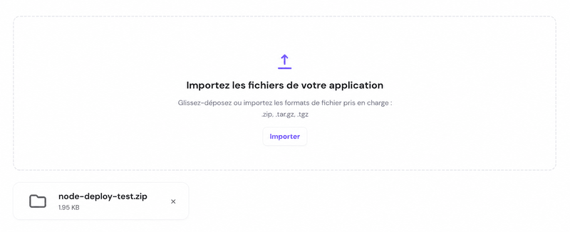 hpanel-upload-your-app-files L’option de téléversement des fichiers de l’application dans le menu de déploiement Node.js de hPanel