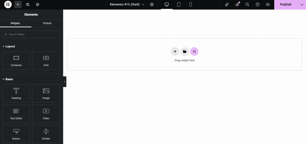 L'interface principale d'Elementor