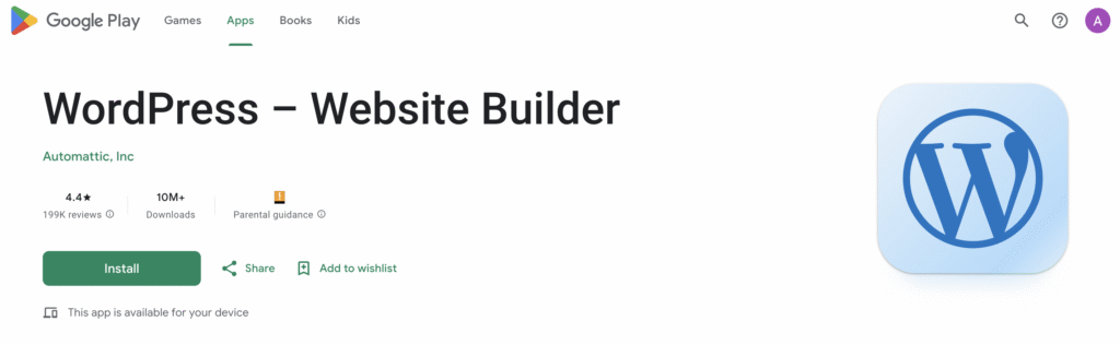 L'application mobile WordPress sur sa page de téléchargement du Google Play Store