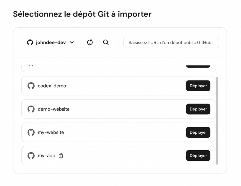hpanel-select-git-repository-to-import La fenêtre de sélection du dépôt Git à importer dans hPanel