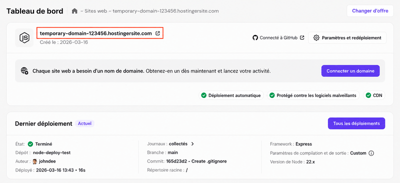 hpanel-node-js-websites-temporary-domain-highlighted Le domaine temporaire affiché dans le tableau de bord Node.js de hPanel
