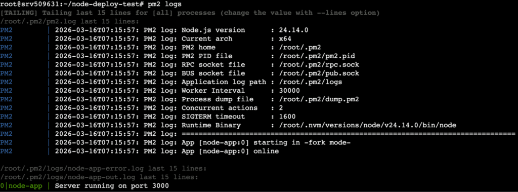 terminal-pm2-logs Le résultat de la commande pm2 logs dans le terminal