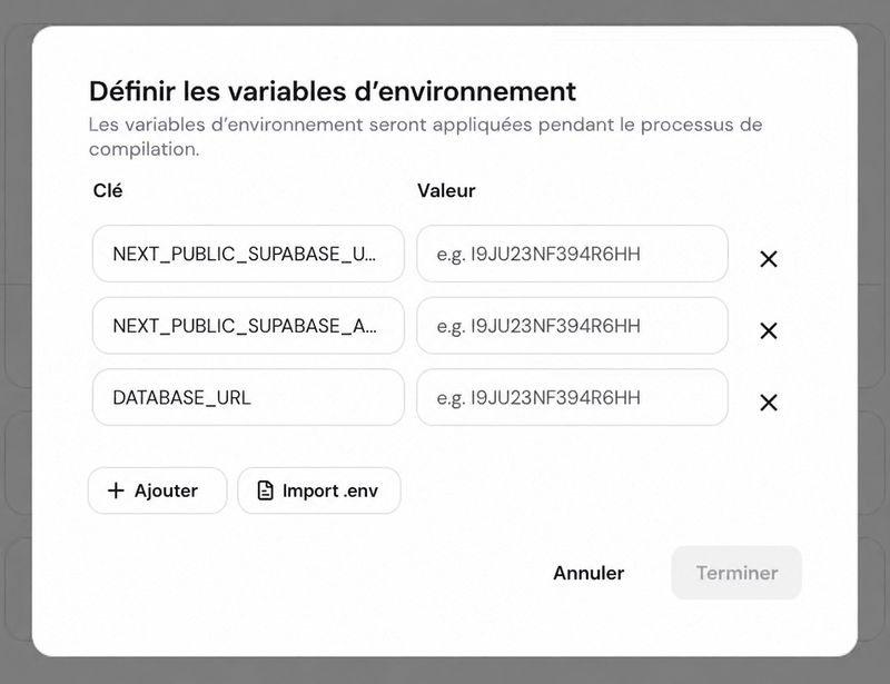 hpanel-review-build-settings L’écran de vérification des paramètres de build dans le tableau de bord Hostinger, avec la mention Action requise et le bouton Modifier sur la ligne des variables d’environnement