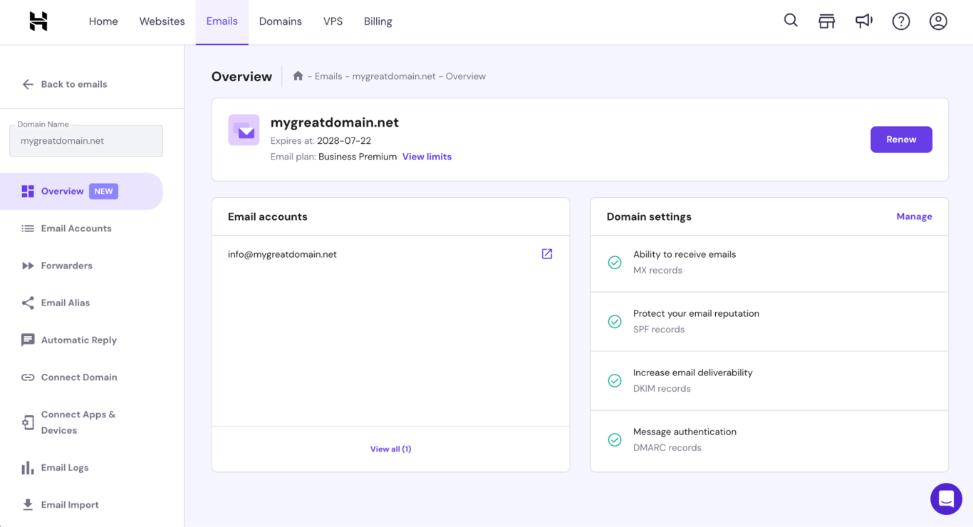 Ekran konfiguracji konta e-mail w procesie wdrażania poczty e-mail Hostinger