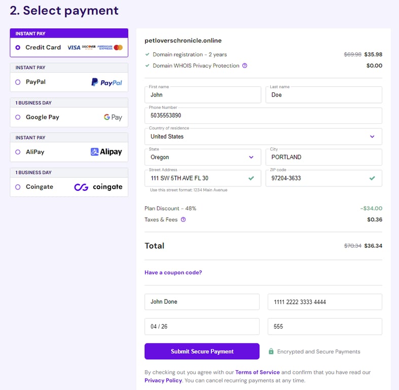 Formularz płatności na stronie płatności domeny Hostinger