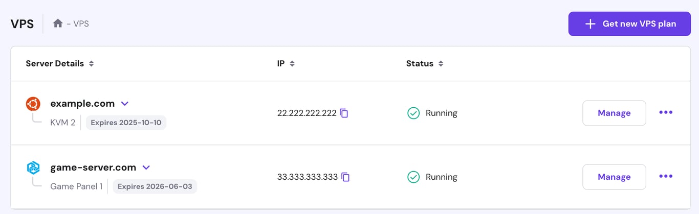 Lista planów VPS w hPanel