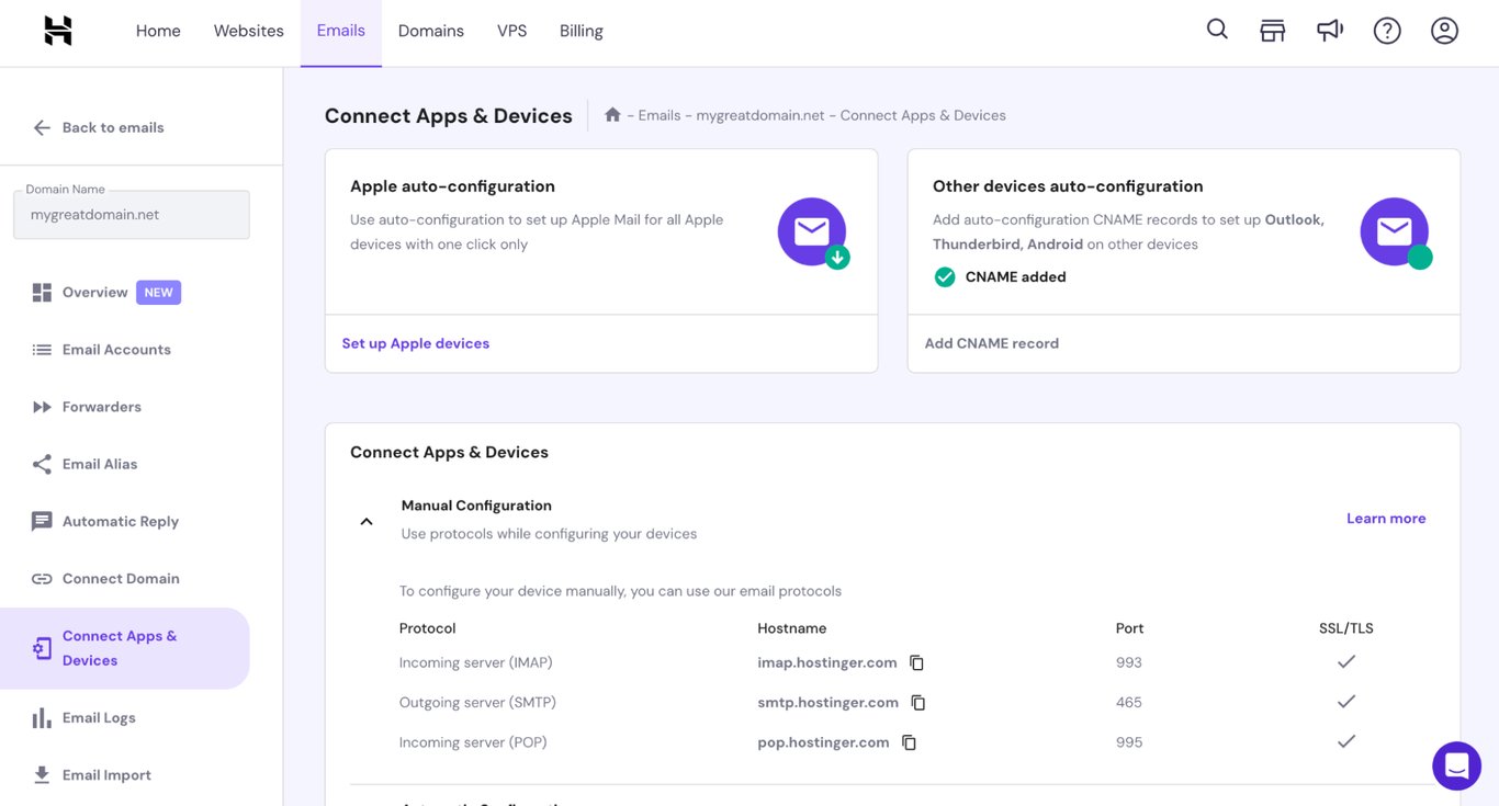 Menu Aplikacje i urządzenia w sekcji Wiadomości e-mail w panelu hPanel
