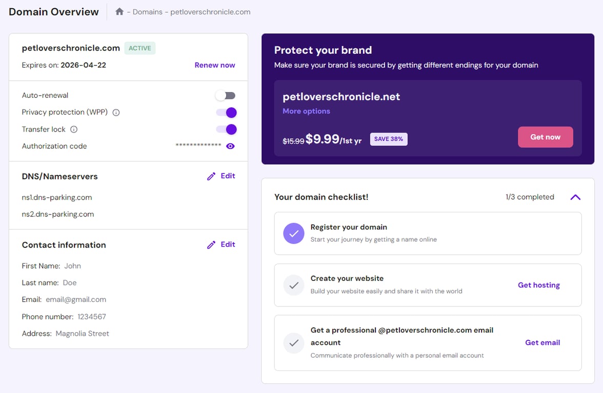 Strona podglądu domeny w hPanel