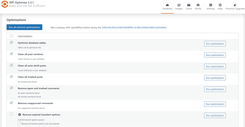 Interfejs WP-Optimize