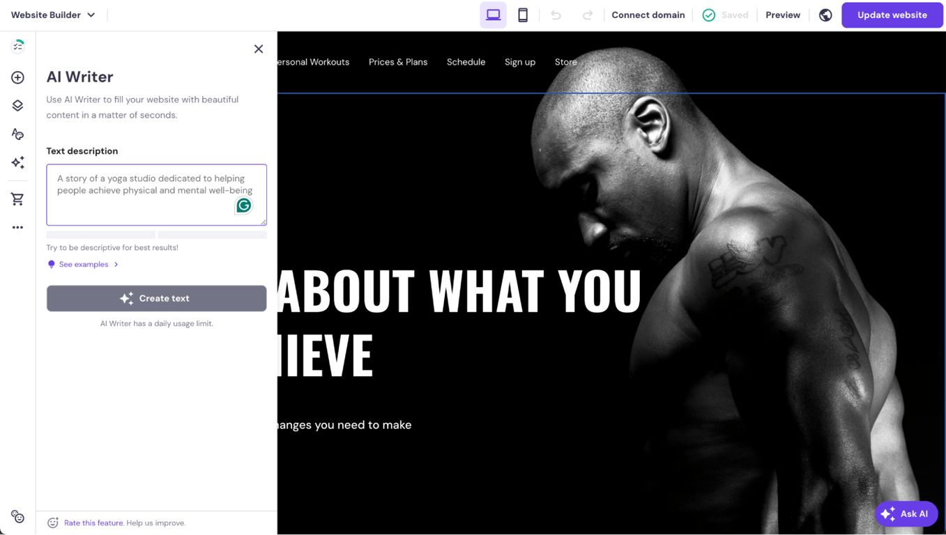 AI Writer w kreatorze stron internetowych Hostinger