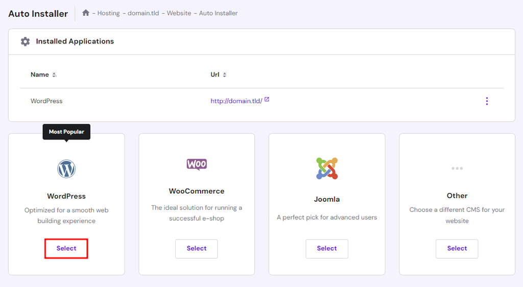 Automatyczny instalator w hPanelu z podświetloną opcją instalacji WordPress