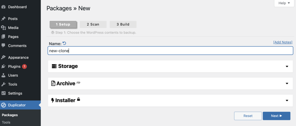 Tworzenie nowego pakietu przy użyciu wtyczki Duplicator WordPress