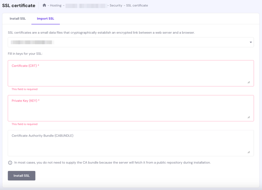 Importuj opcję SSL na hPanel