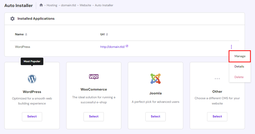 Obszar zainstalowanej aplikacji z zaznaczoną opcją zarządzania nowo zainstalowanym WordPress