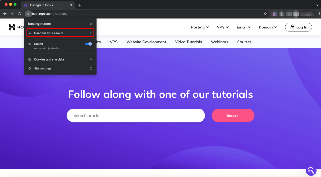 Połączenie jest bezpieczną opcją, która pokazuje szczegóły certyfikatu SSL strony