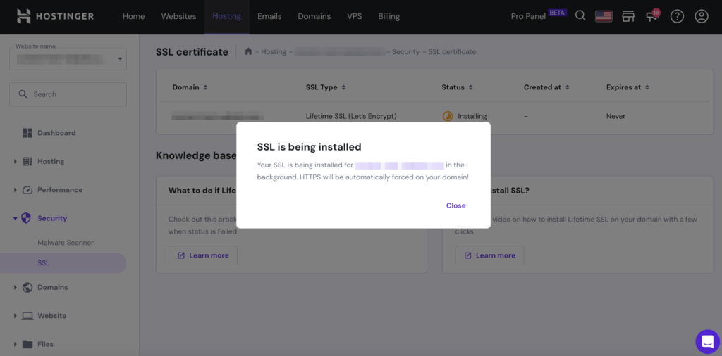 Powiadomienie o instalacji SSL na hPanel