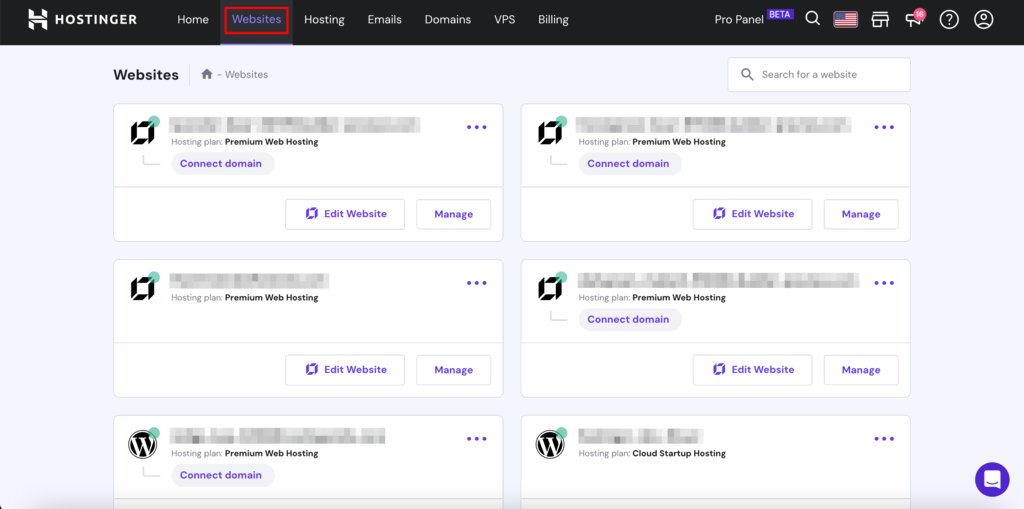 Sekcja stron hPanel Hostinger